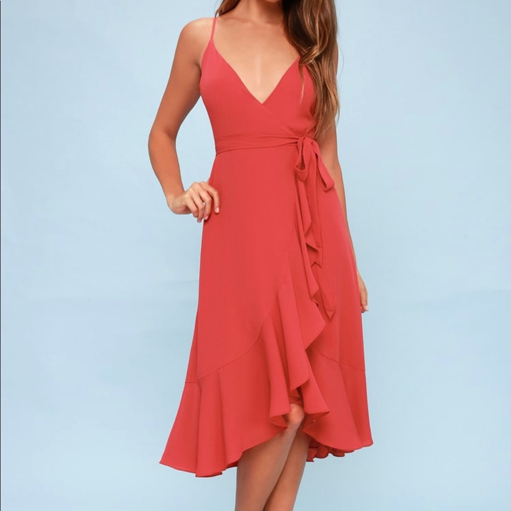 Lulu’s Berry Pink Ruffled Midi Wrap Dress